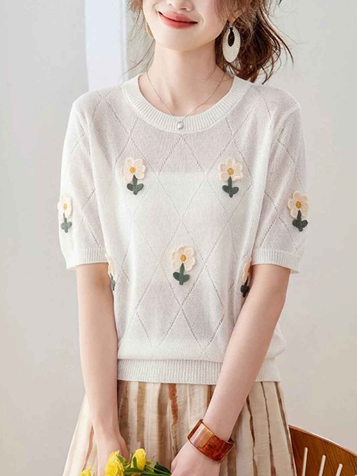 Emily Classic Crew Neck Hollowed Embroidered Knitted Top