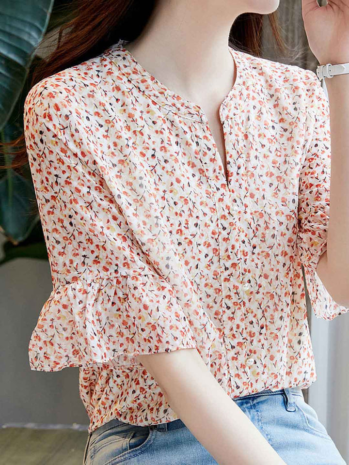 Victoria Casual Crew Neck Floral Chiffon Blouse
