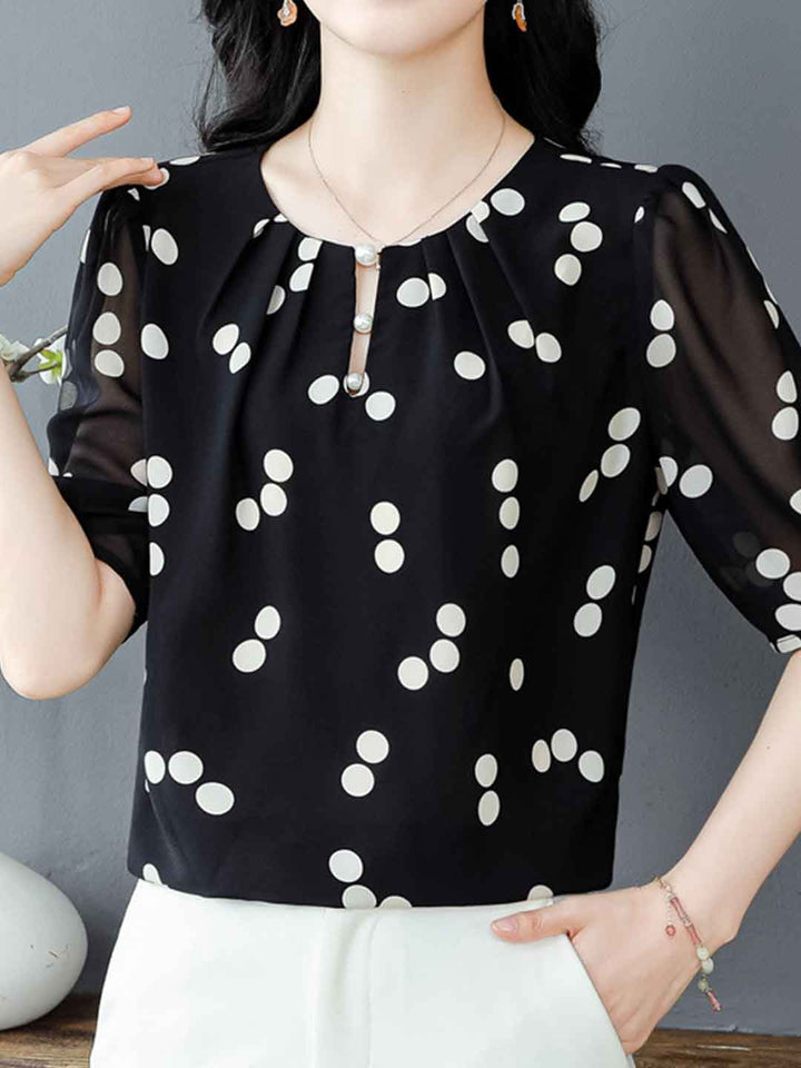 Melanie Loose Crew Neck Puff Sleeve Polka Dot Chiffon Top