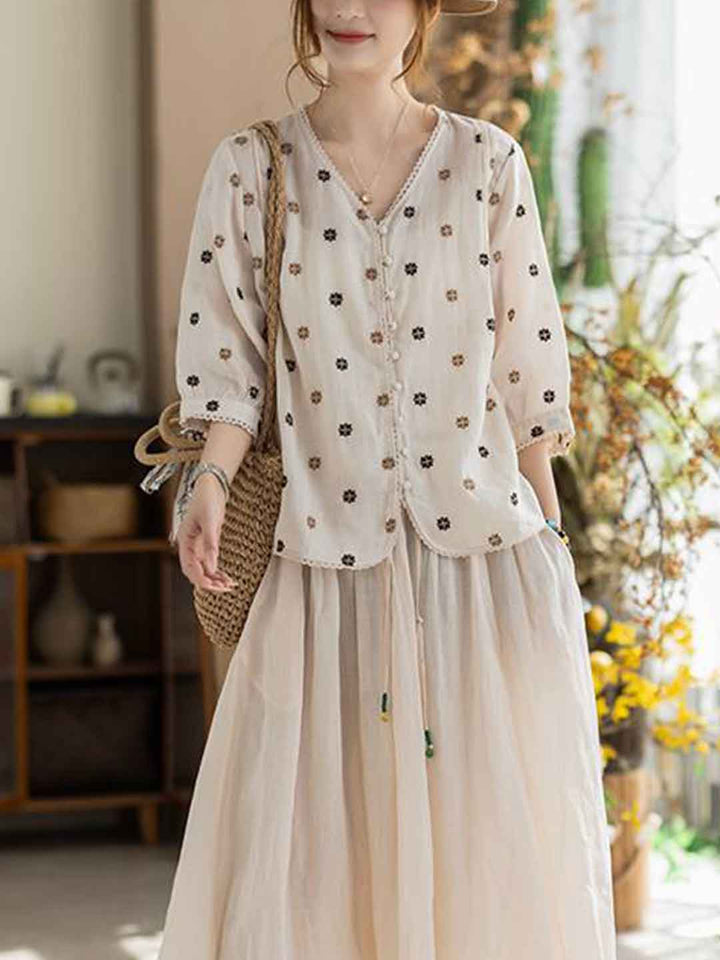 Alexis Loose V-Neck Embroidered Patchwork Blouse