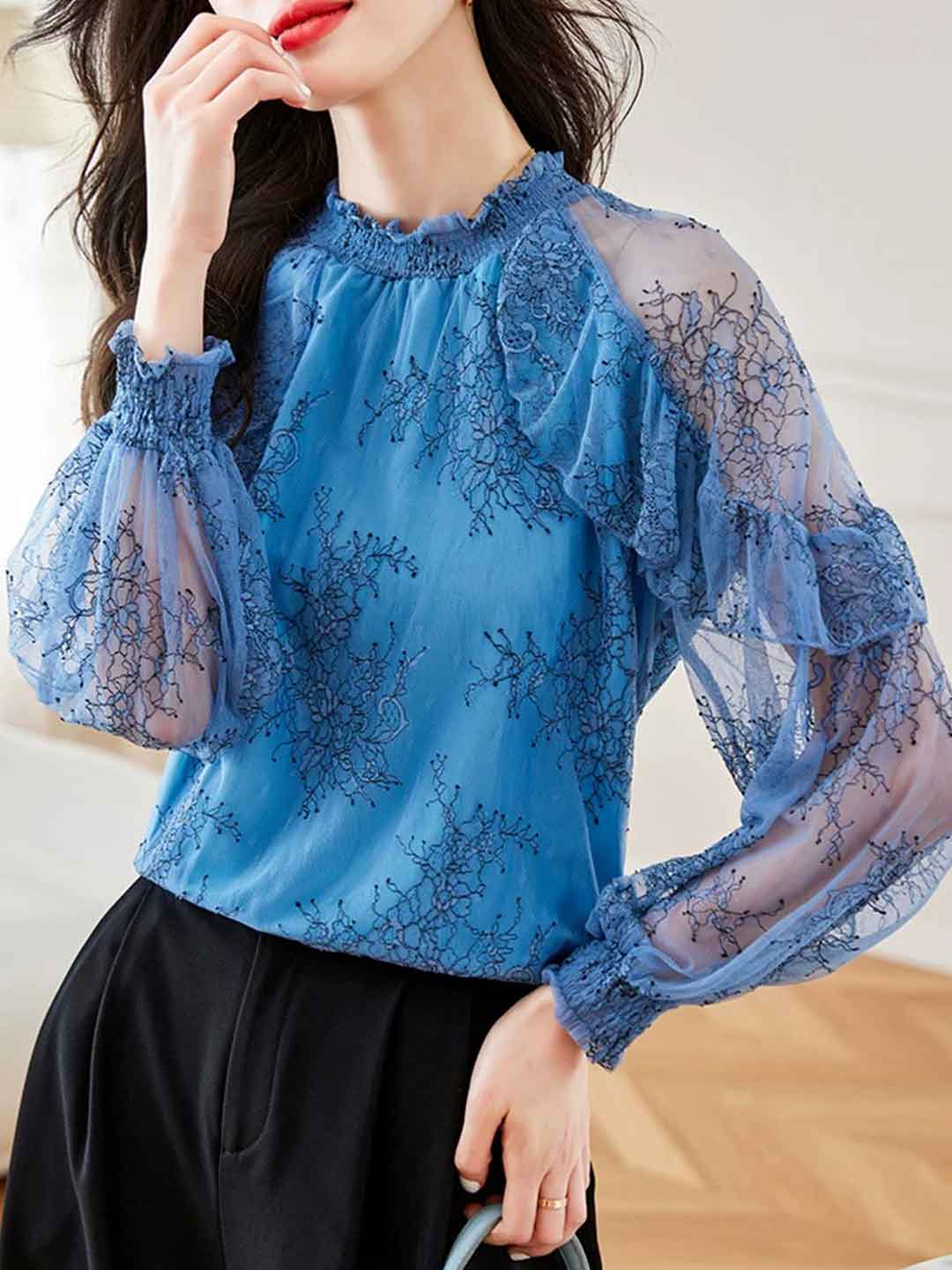 Grace Elegant Ruffled Collar Lantern Sleeve Lace Top