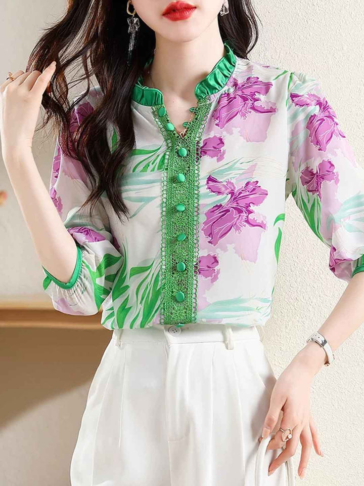 Ava Loose V-Neck Floral Chiffon Blouse