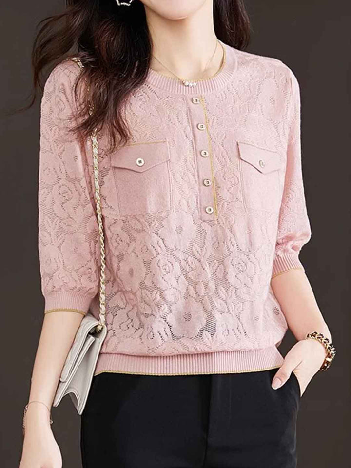 Riley Loose Crew Neck Hollowed Solid Color Knitted Top