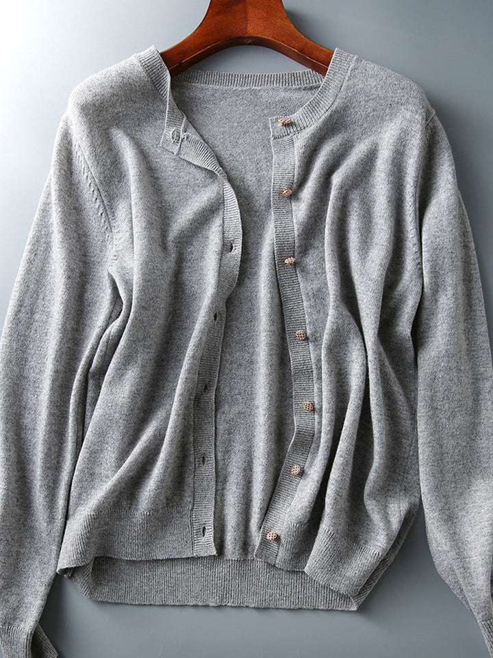 Sophia Classic Crew Neck Solid Color Knitted Cardigan-Light Pink