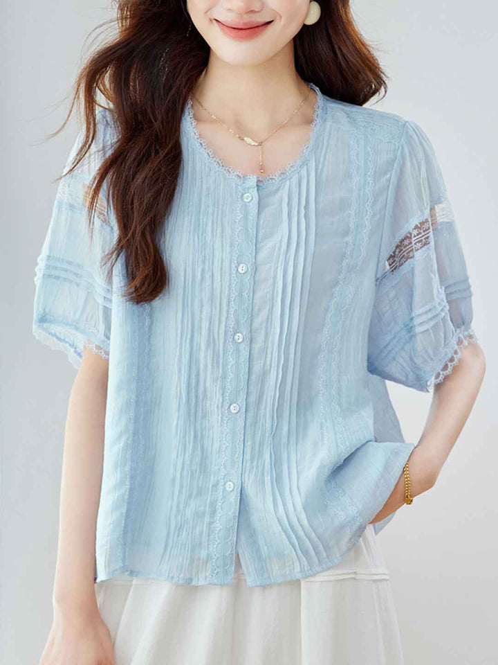 Paige Loose Crew Neck Lace Hollowed Blouse