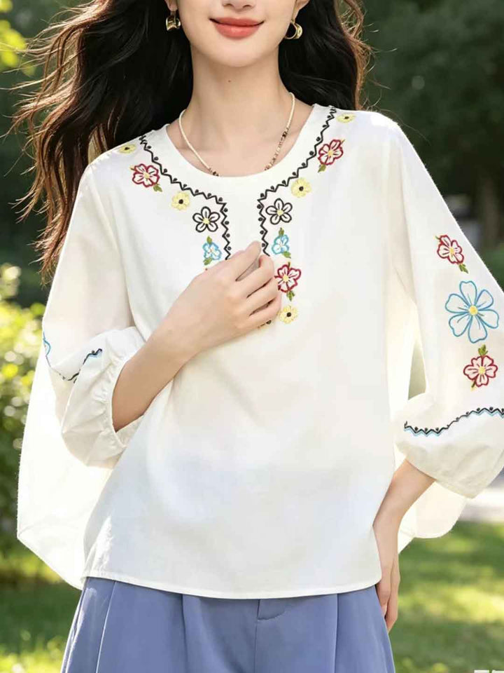 Madison Loose Crew Neck Latern Sleeve Embroidered Top