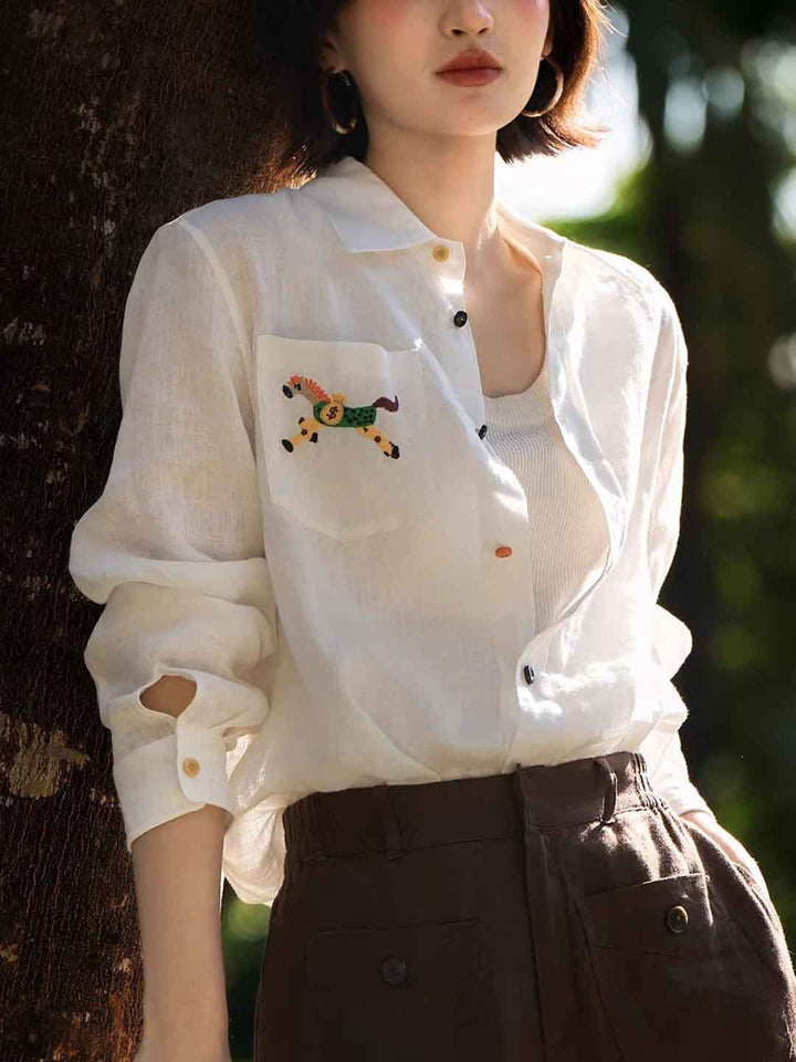 Ava Casual Lapel Embroidered Linen Shirt