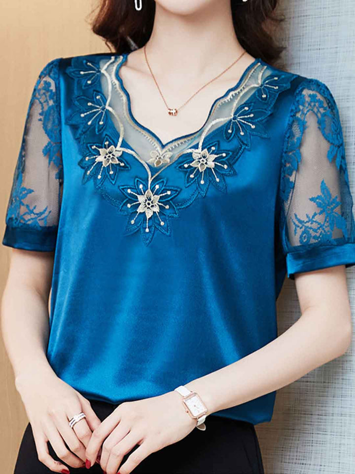 Peyton Classic V-Neck Satin Lace Chiffon Top