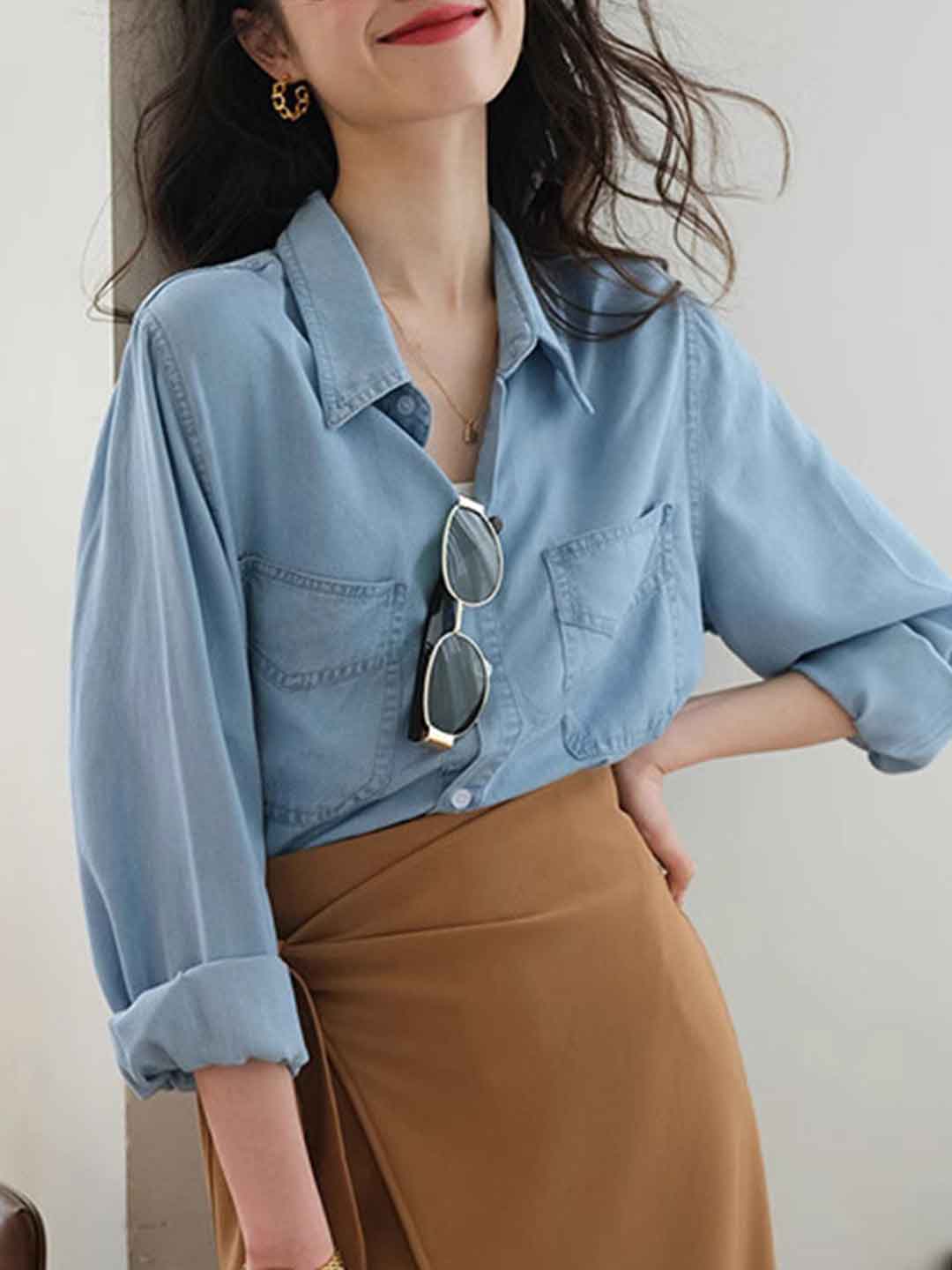 Camila Retro Polo Collar Denim Shirt