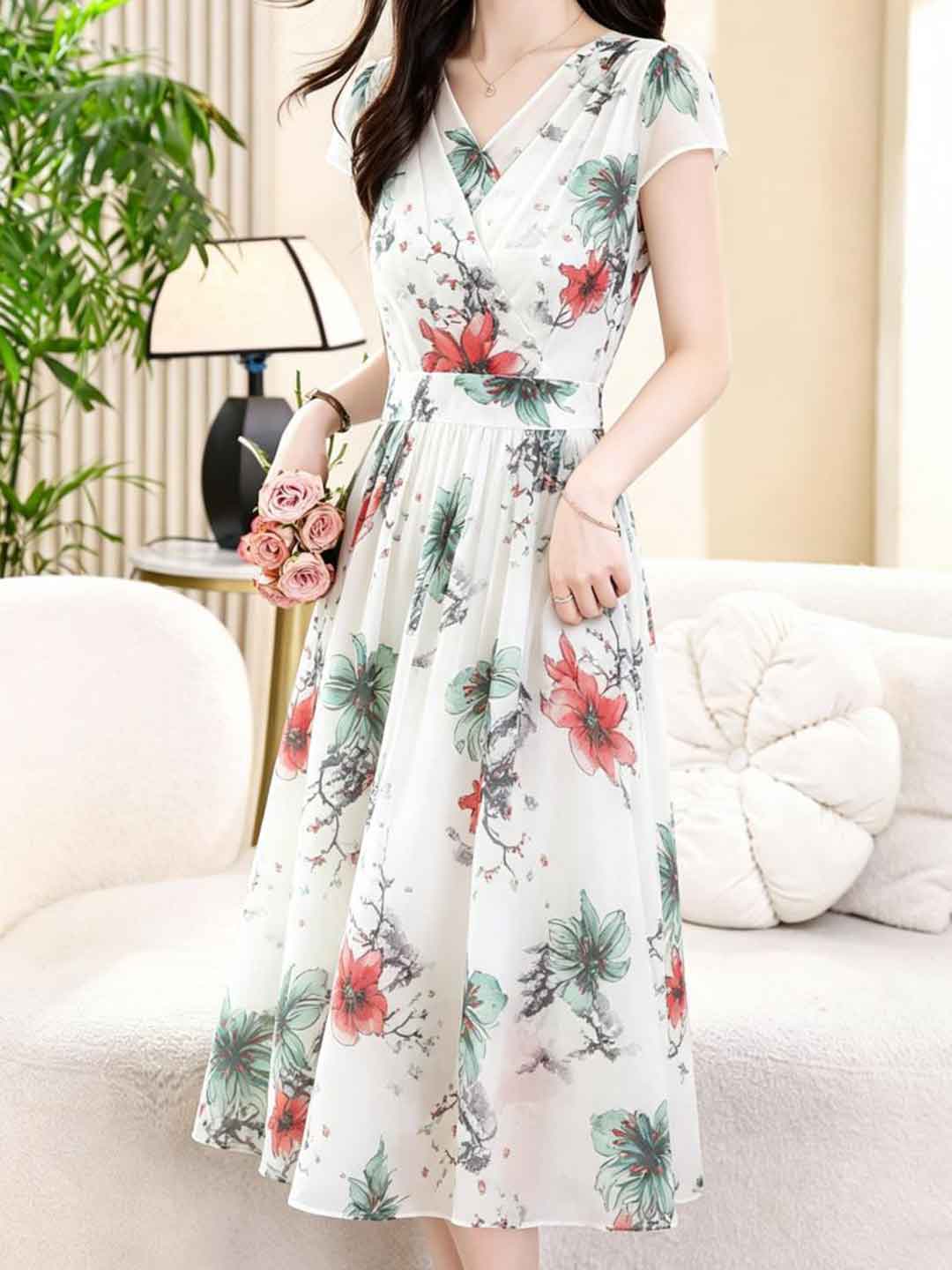 Kayla Slim V-Neck Chiffon Printed Dress
