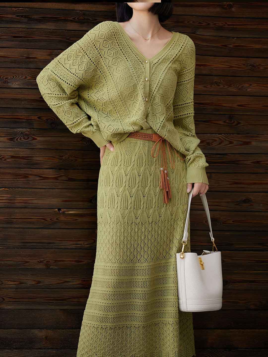 Ella Spring Hollowed Knitted Cardigan and Skirt Set
