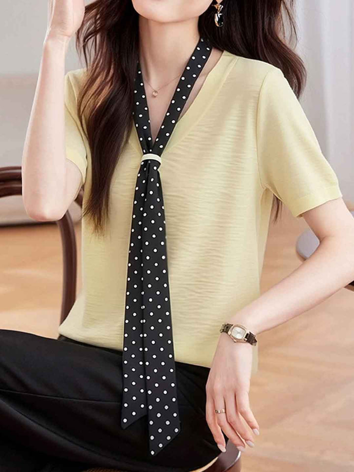 Leah Daily V-Neck Polka Dot Ribbon Top