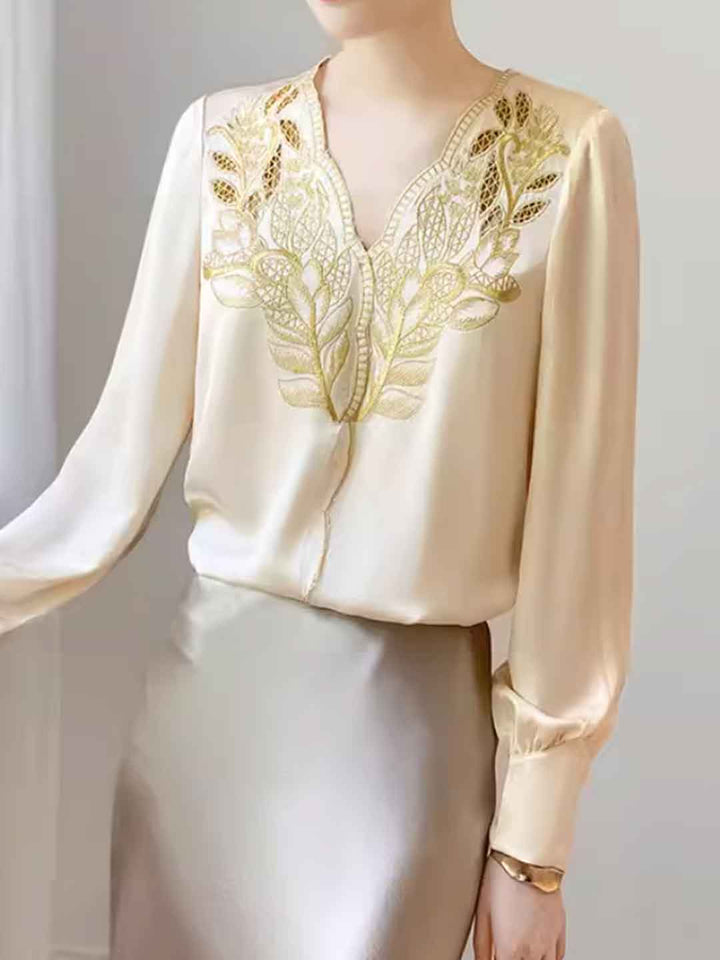 Zoey Loose V-Neck Embroidered Hollowed Blouse