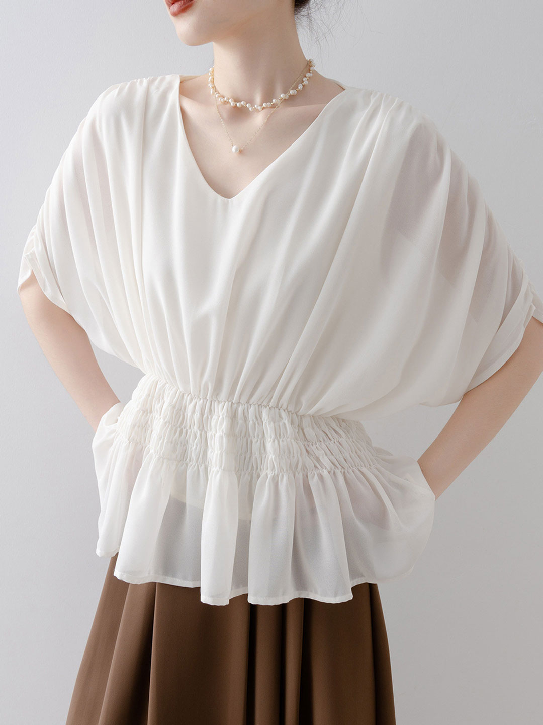 Hailey Loose V-neck Waisted Batwing Sleeve Shirt