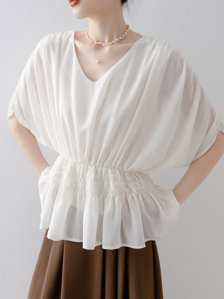 Hailey Loose V-neck Waisted Batwing Sleeve Shirt