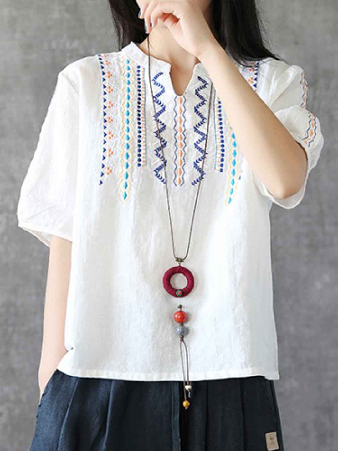 Sophia Loose V-Neck Embroidered Top