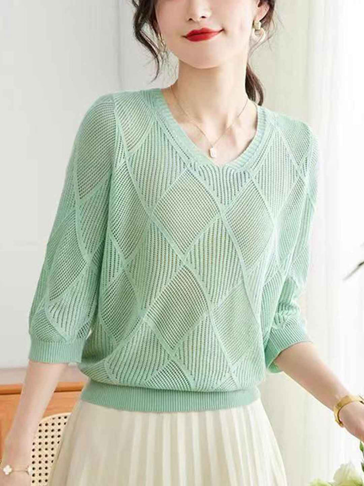 Sarah Loose V-Neck Hollowed Knitted Top
