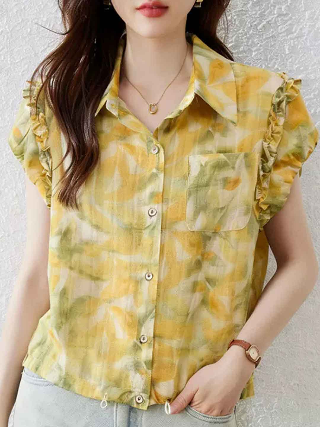Mia Daily Lapel Ruffled Sleeve Printed Shirt