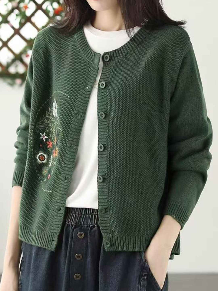 Anna Classic Crew Neck Embroidered Knitted Cardigan