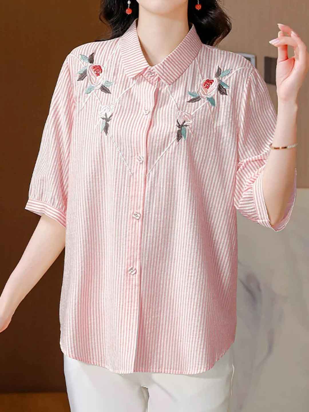 Nevaeh Loose Lapel Embroidered Striped Shirt