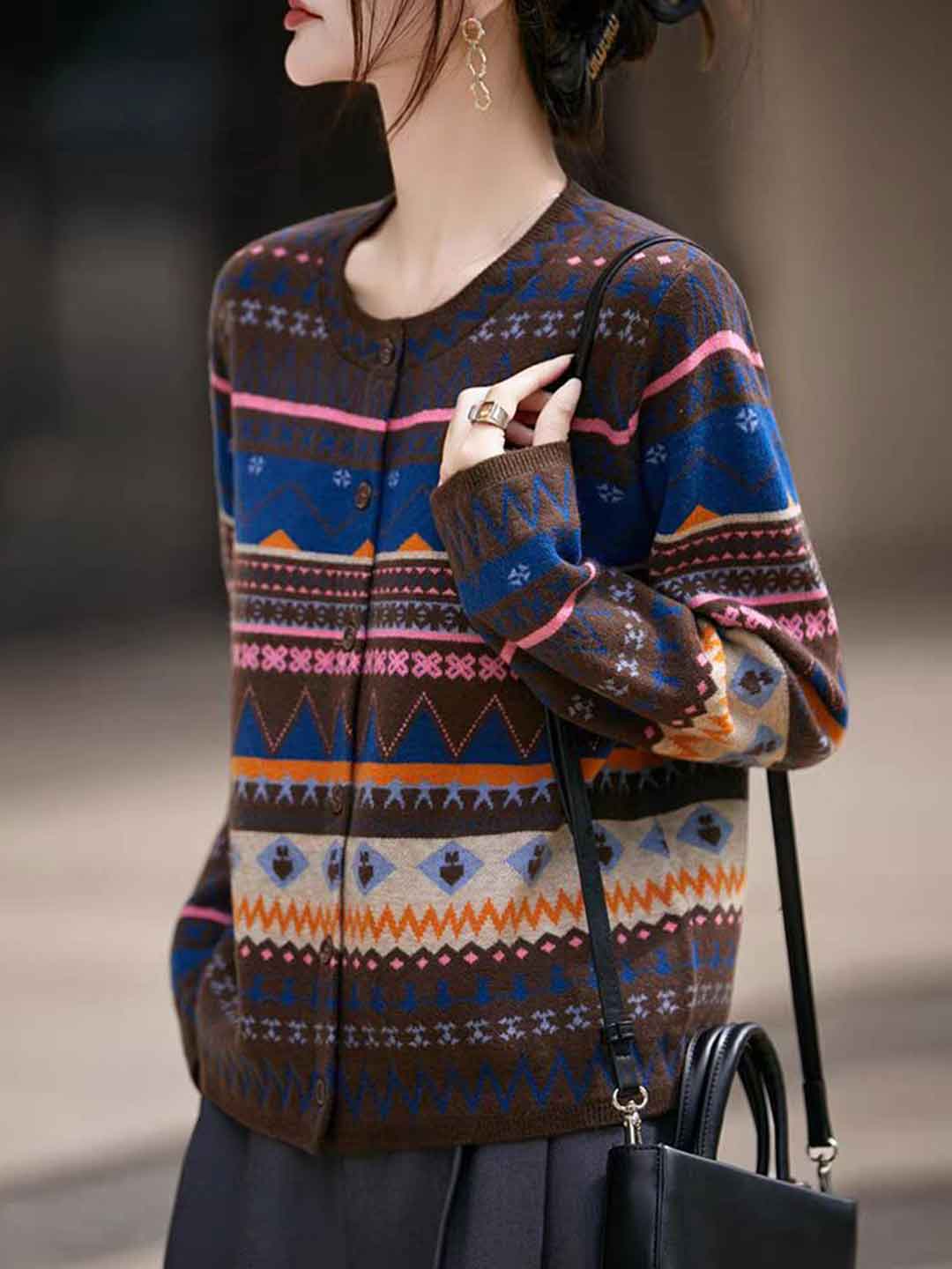 Sofia Classic Crew Neck Jacquard Knitted Cardigan