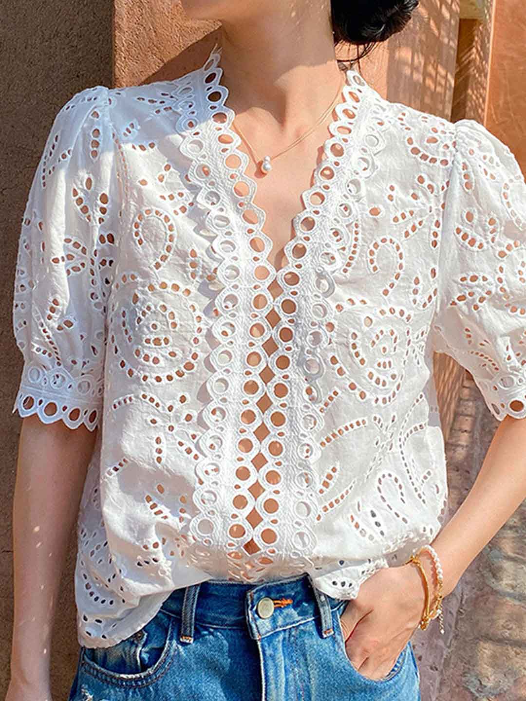 Claire Classic V-neck Embroidered Top