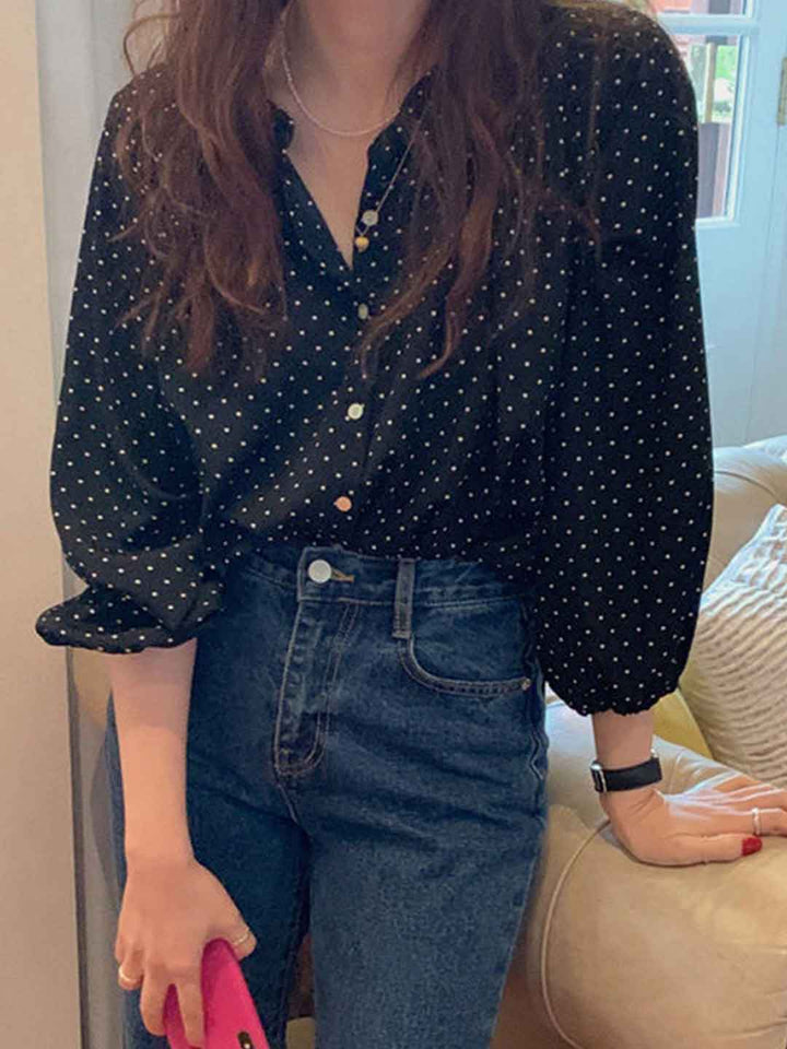 Peyton Loose V-Neck Lantern Sleeve Polka Dot Chiffon Top