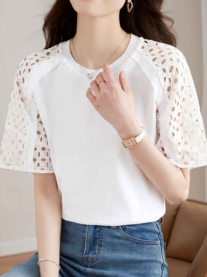 Eva Loose Crew Neck Hollowed Solid Color Top