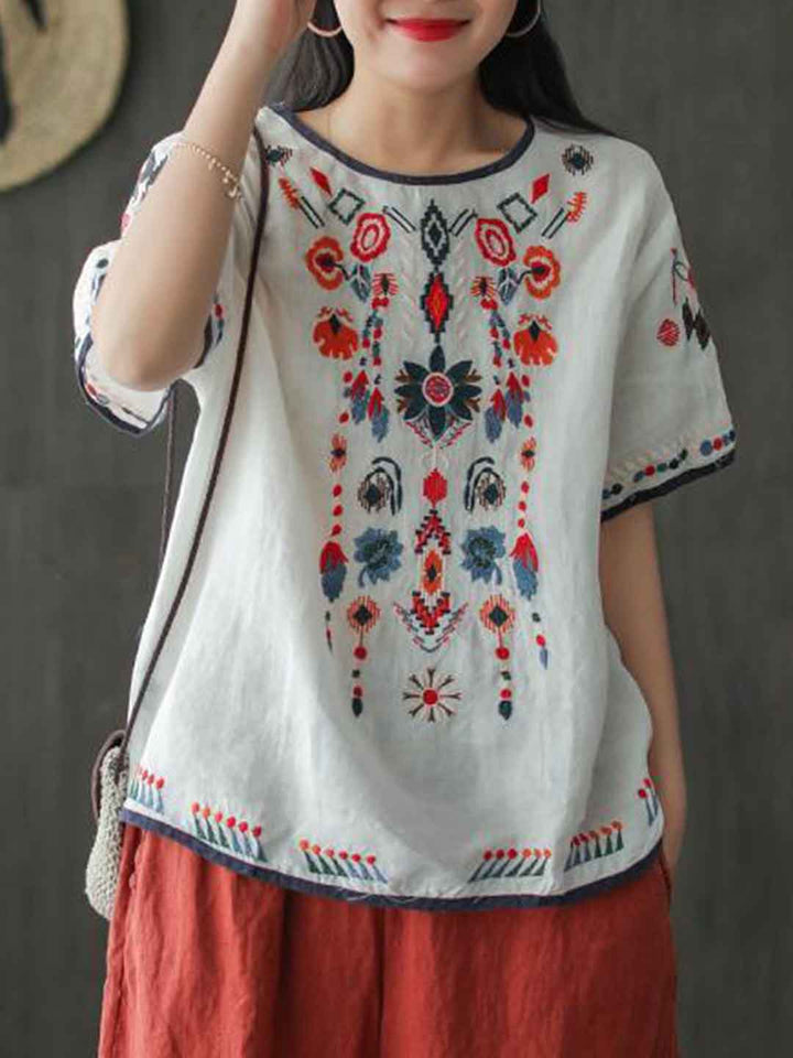 Mia Loose Crew Neck Embroidered Top