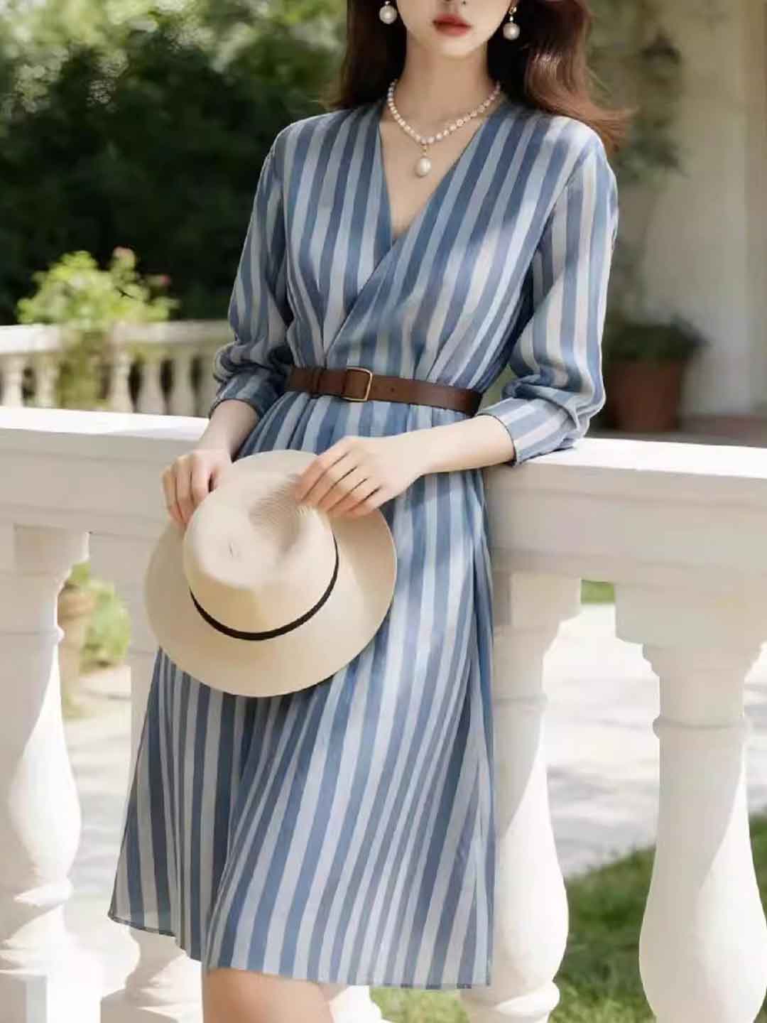 Mia Classic V-Neck Waisted Striped Dress