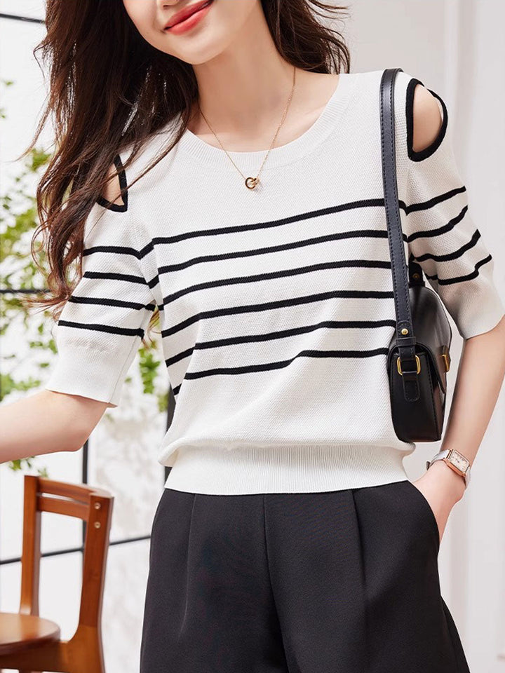 Lauren Casual Off-The-Shoulder Striped Knitted Top