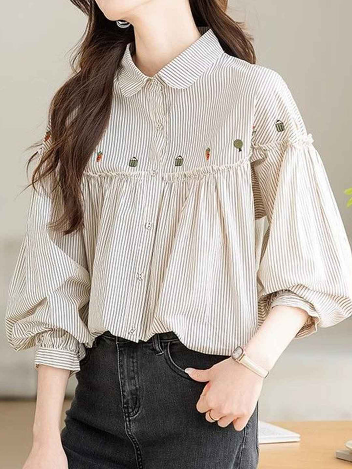 Rachel Cute Doll Collar Puff Sleeve Embroidered Top