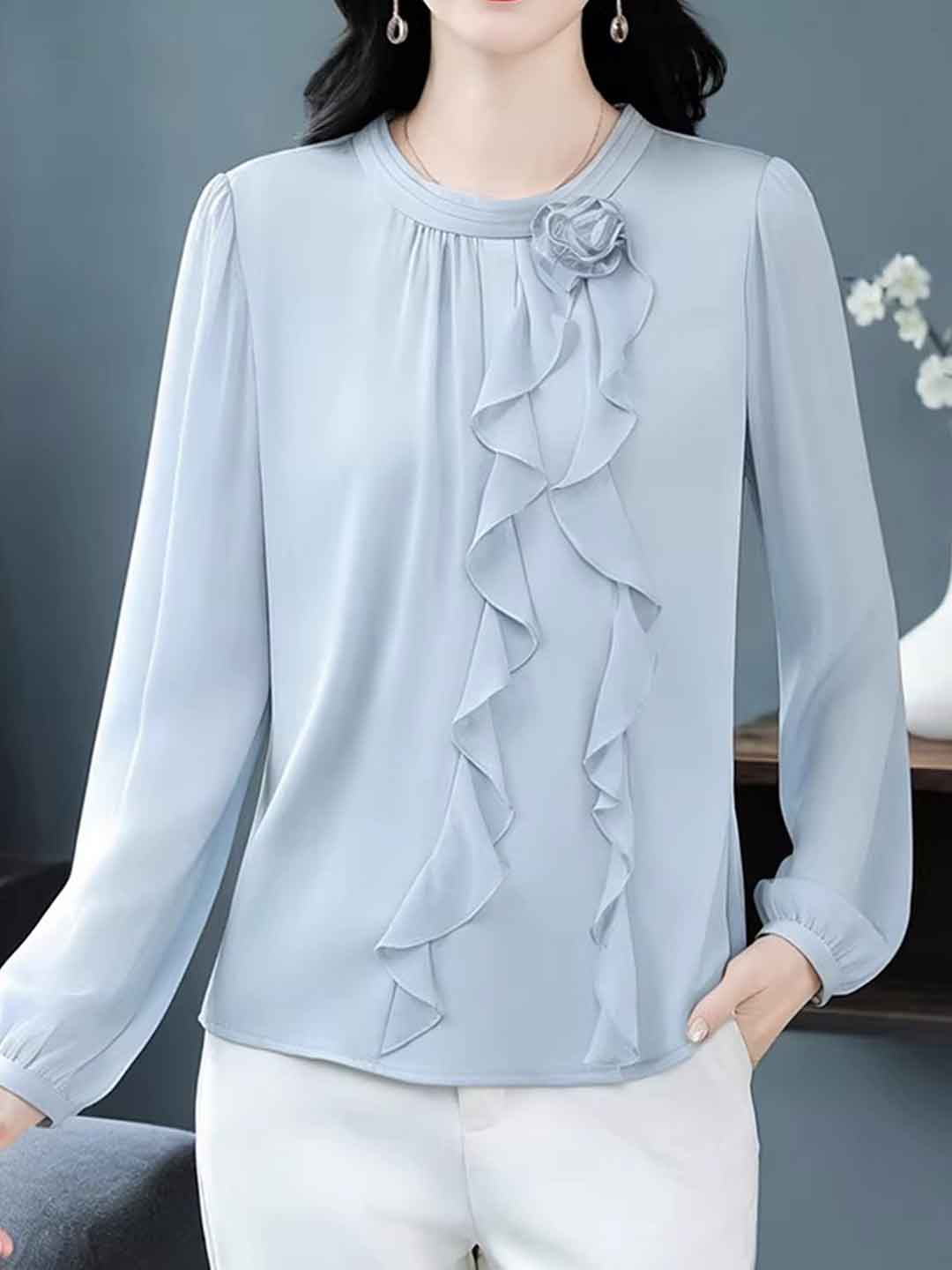 Lillian Elegant Crew Neck Lantern Sleeve Chiffon Shirt