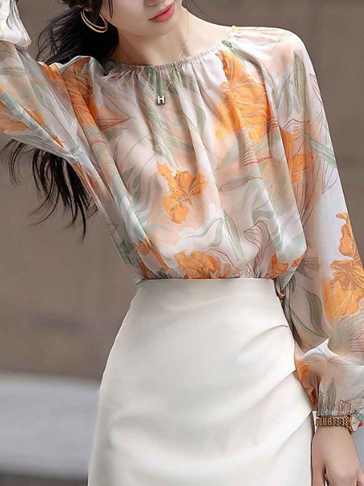 Caroline Elegant Crew Neck Printed Chiffon Shirt