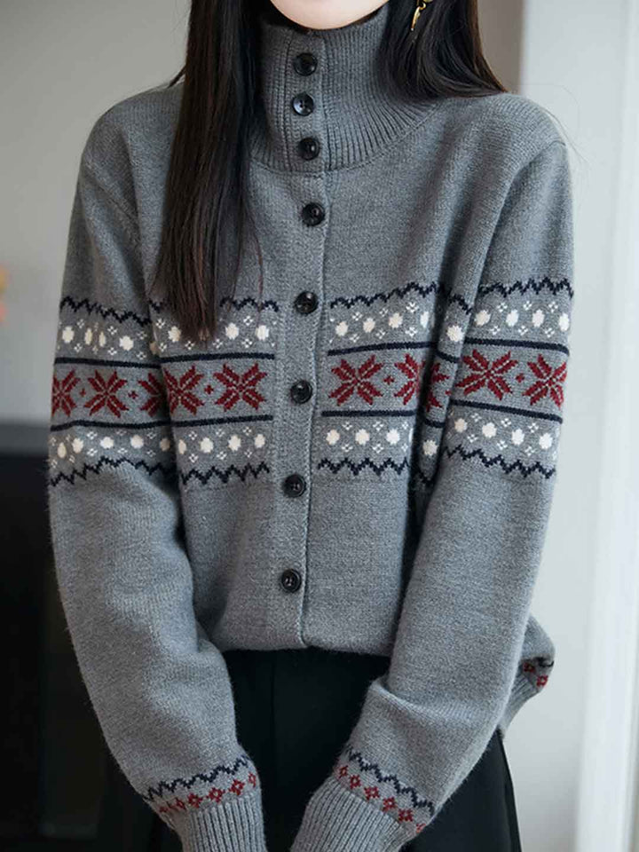 Natalie Retro Turtleneck Jacquard Knitted Cardigan