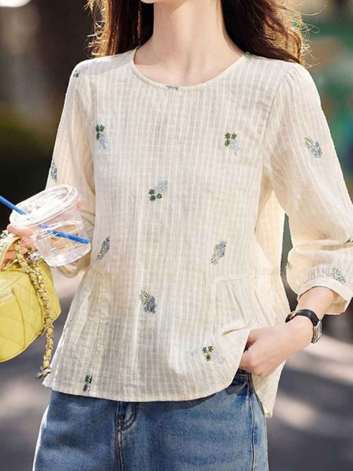 Emily Casual Crew Neck Embroidered Shirt