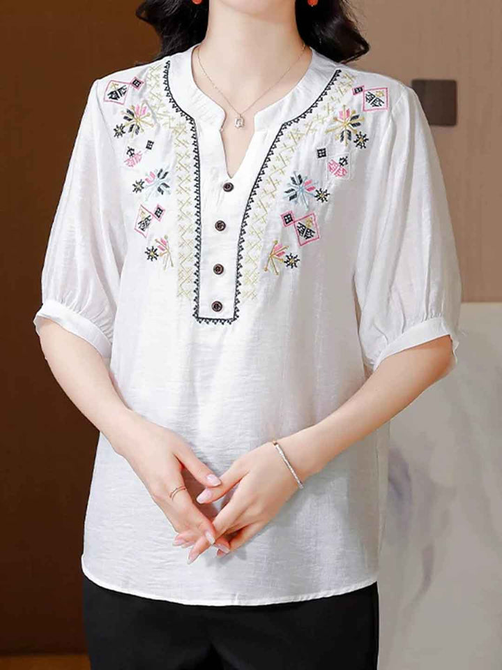 Hailey Loose V-Neck Puff Sleeve Embroidered Top