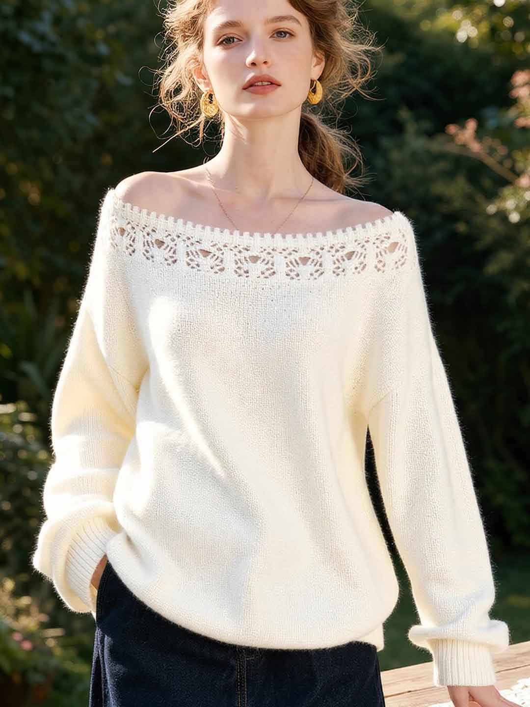 Chloe Daily Off-Shoulder Hollowed Knitted Sweater