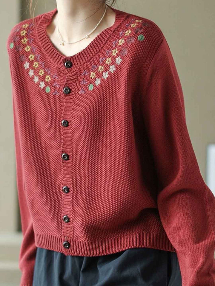 Sofia Casual Crew Neck Embroidered Knitted Cardigan