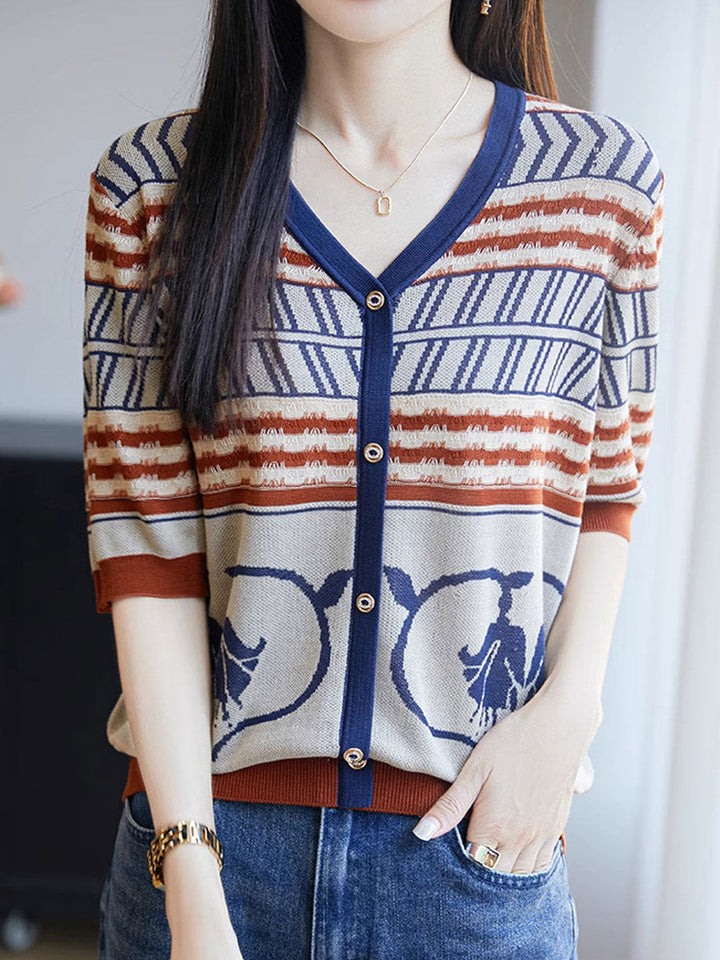 Andrea Loose V-Neck Jacquard Knitted Cardigan
