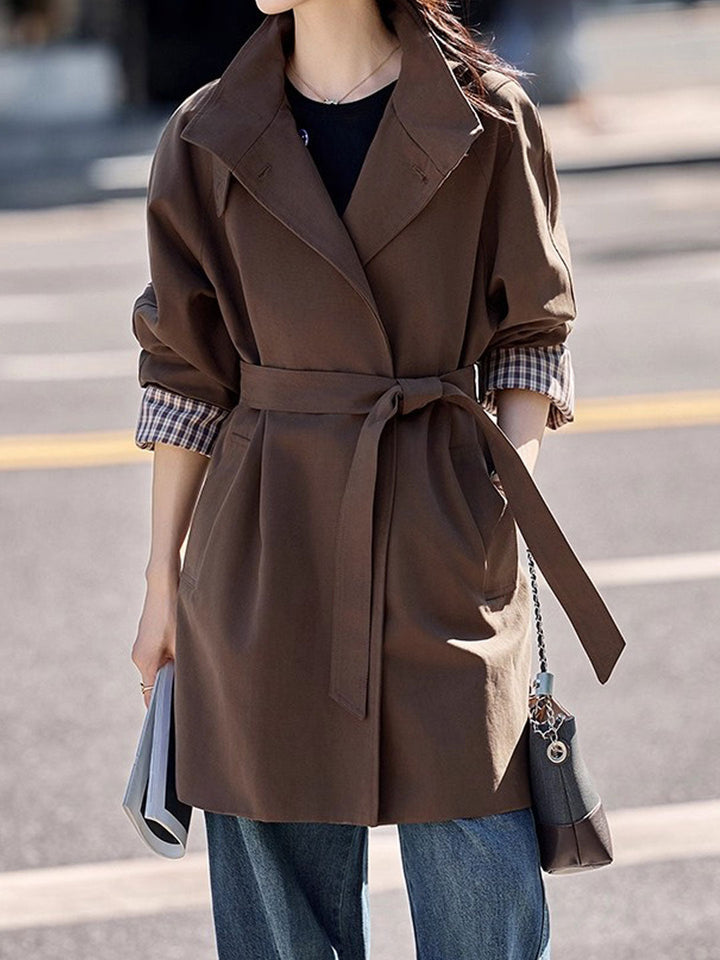 Emily Daily Suit Collar Belted Solid Color Trench Coat