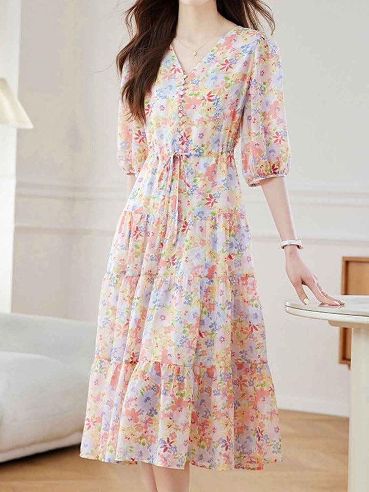 Anna Elegant V-Neck Waisted Floral Dress
