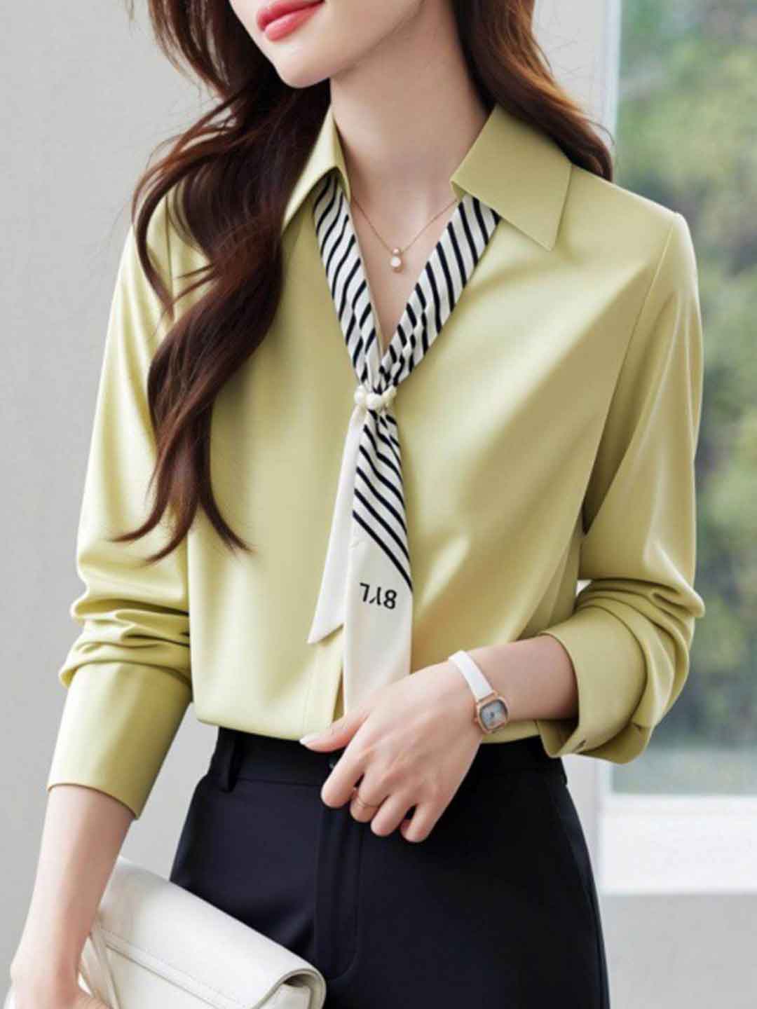 Olivia Lapel Solid Color Satin Ribbon Shirt