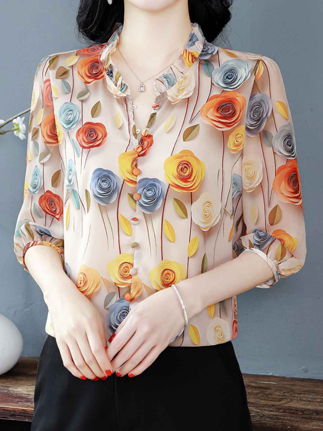 Ariana Loose V-Neck Lantern Sleeve Ruffle Collar Shirt