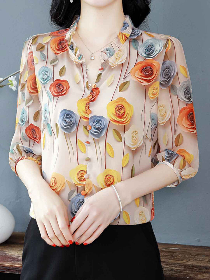 Ariana Loose V-Neck Lantern Sleeve Ruffle Collar Shirt