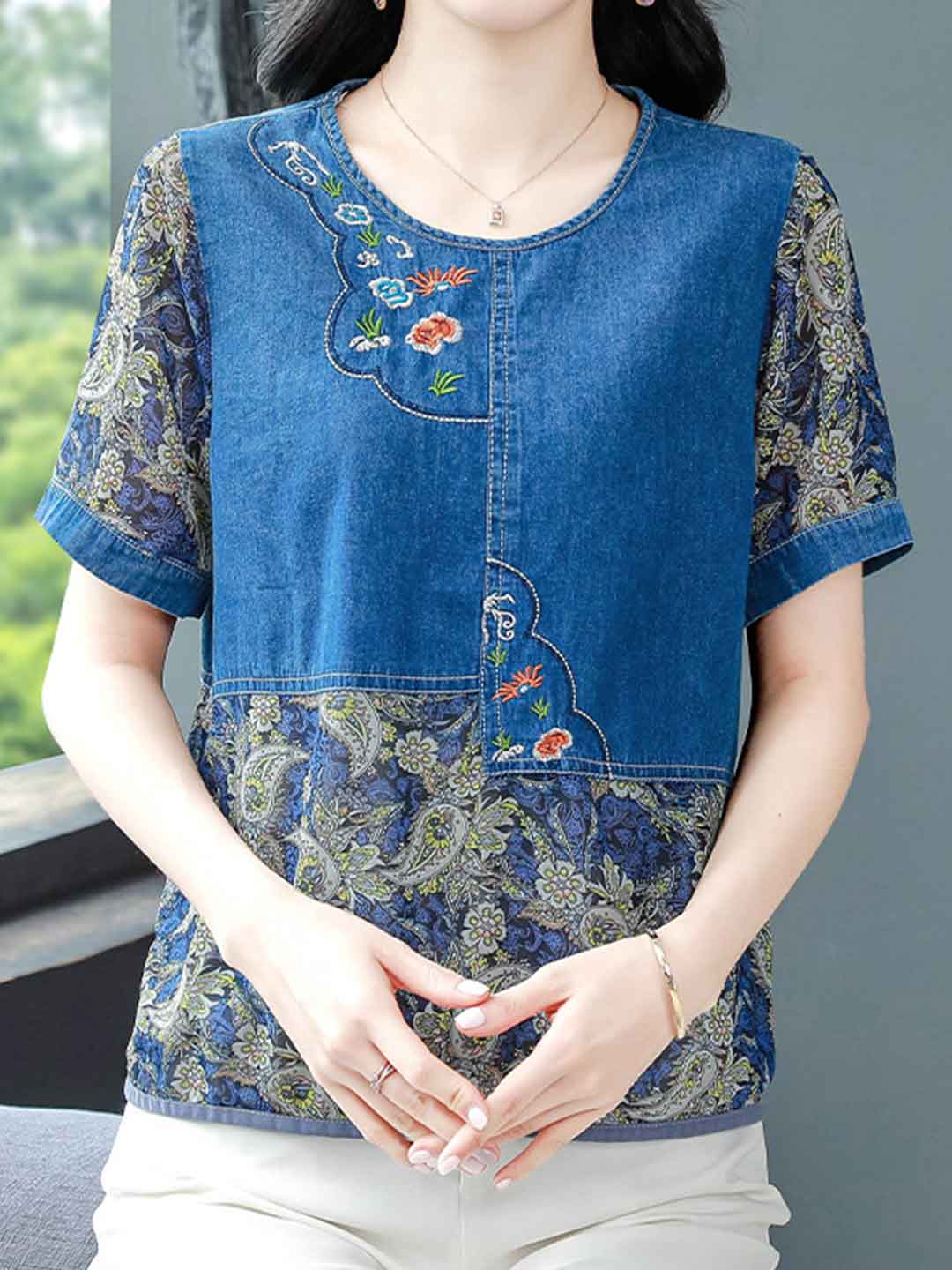 Mya Loose Crew Neck Embroidered Chiffon Top