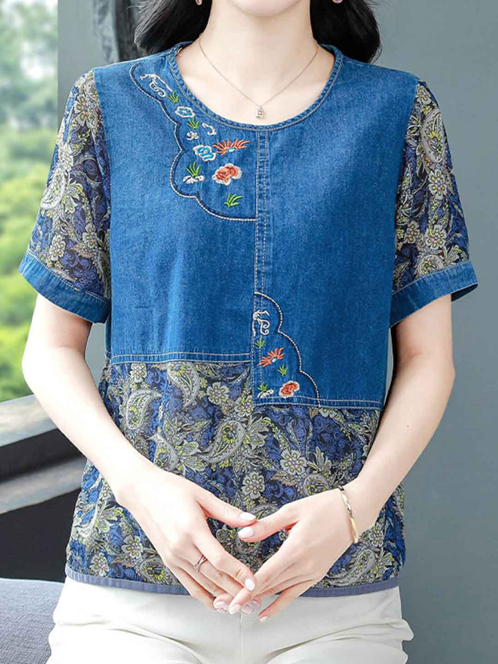 Mya Loose Crew Neck Embroidered Chiffon Top