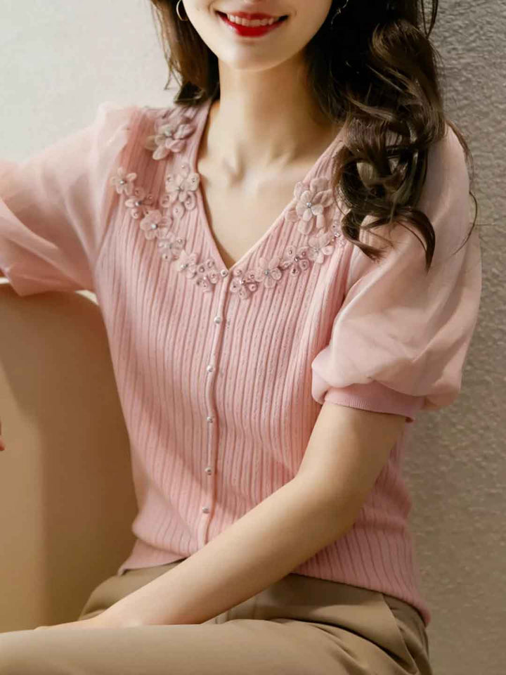 Gianna Elegant V-Neck Flower Chiffon Top