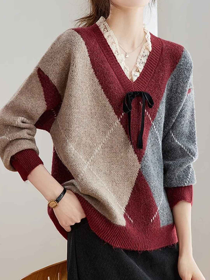 Sarah Casual V-Neck Lace Colorblocked Knitted Sweater