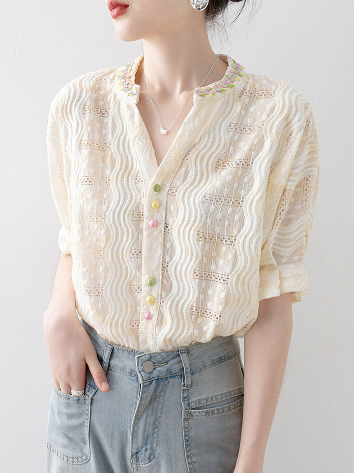 Mia Loose V-Neck Colorful Buttons Top